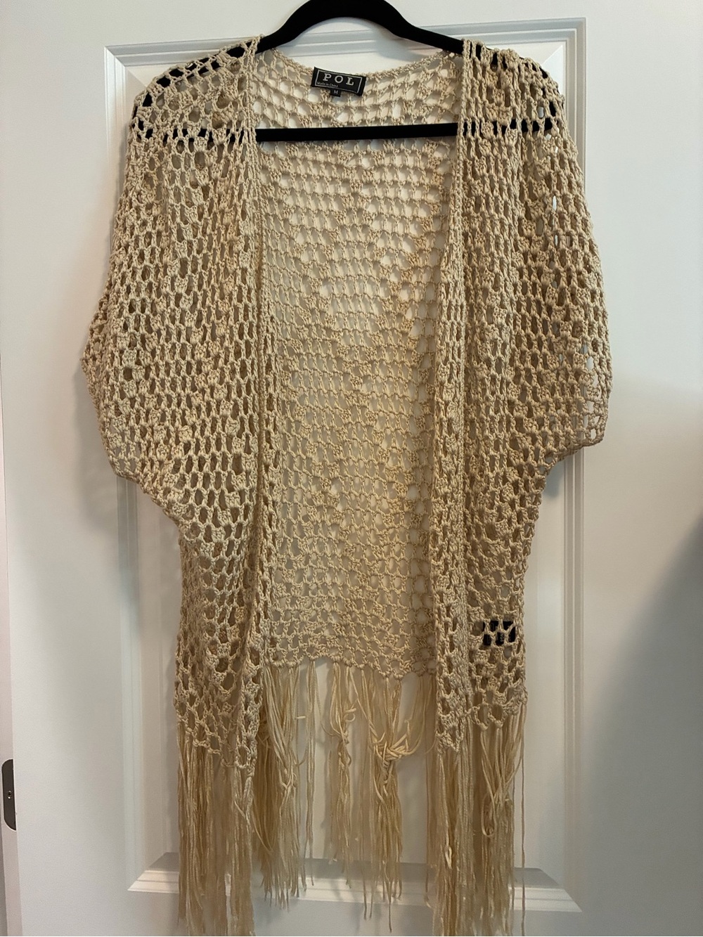 POL Open Crochet Fringe Cardigan in Cream